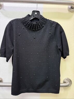 Black Embellished Short-Sleeve Sweater - Women's